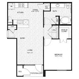 Floor plan for 1 bed, 1 bath, 777 sqft